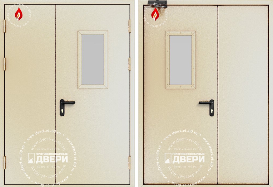 Двустворчатая остекленная противопожарная дверь (доводчик) ПД-ПС001i