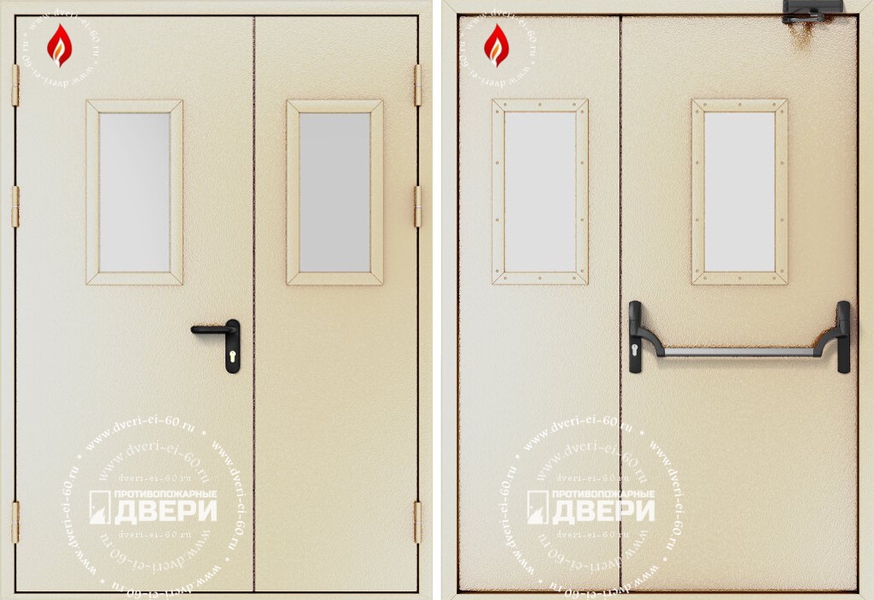 Двустворчатая остекленная противопожарная дверь (антипаника, доводчик) ПД-ПС004i