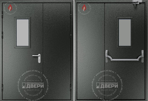Двустворчатая остекленная противопожарная дверь (антипаника, доводчик) ПД-ПС002e