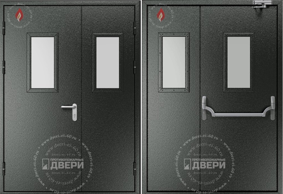 Двустворчатая остекленная противопожарная дверь (антипаника, доводчик) ПД-ПС004e