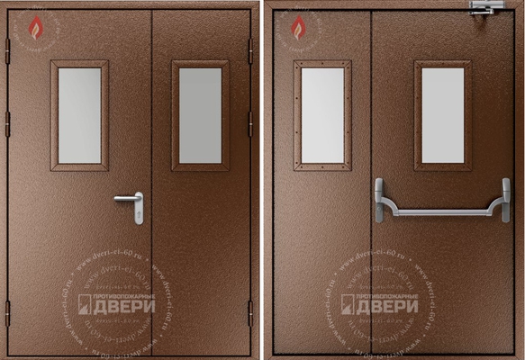 Двустворчатая остекленная противопожарная дверь (антипаника, доводчик) ПД-ПС004a