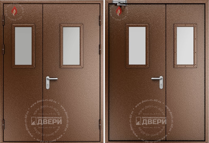 Двустворчатая остекленная противопожарная дверь (доводчик) ПД-ПС003a