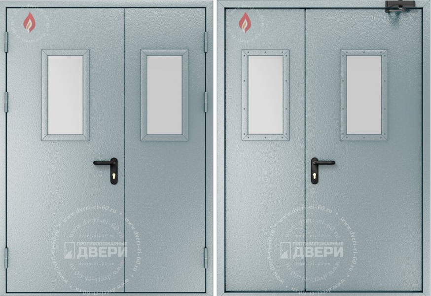 Двустворчатая остекленная противопожарная дверь (доводчик) ПД-ПС003