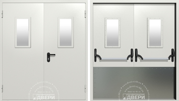 Двупольная остекленная противопожарная дверь с широким отбойником ПД-ДС023f