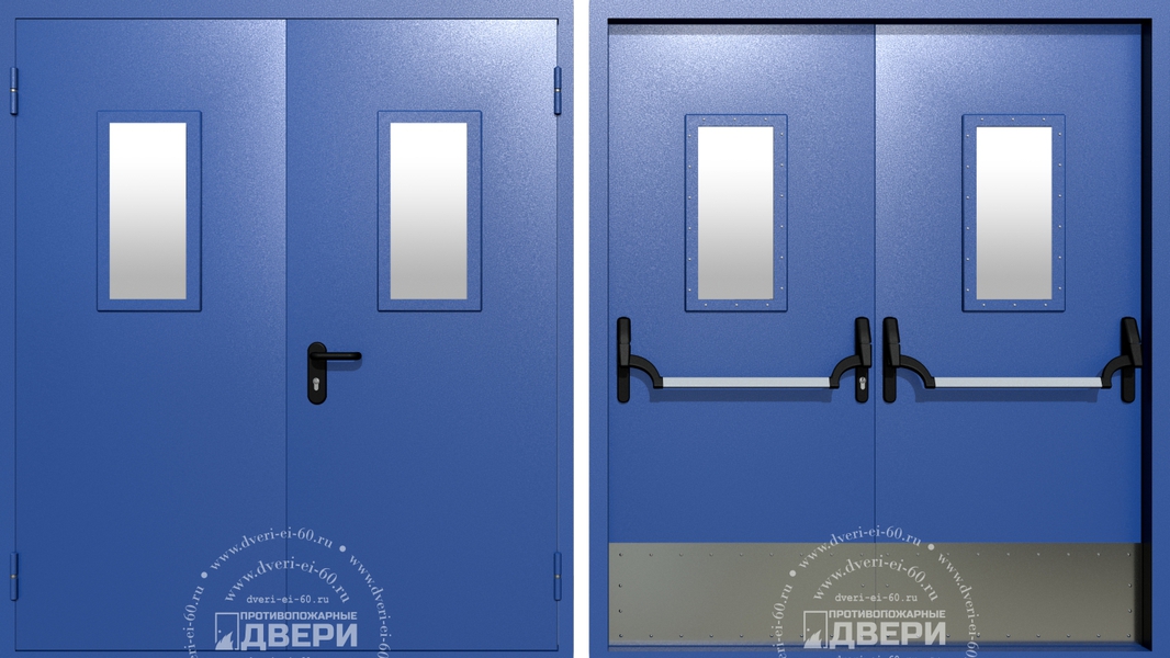 Двупольная остекленная противопожарная дверь с отбойником ПД-ДС022e