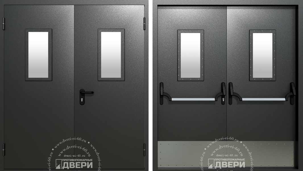 Двупольная остекленная противопожарная дверь с отбойником ПД-ДС022d