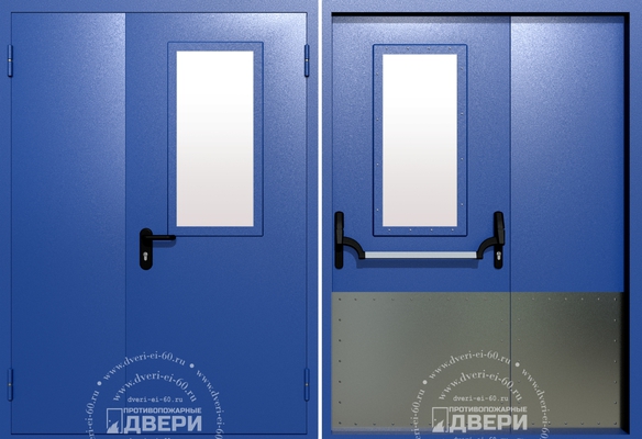 Полуторная остекленная противопожарная дверь с широким отбойником ПД-ПС030e
