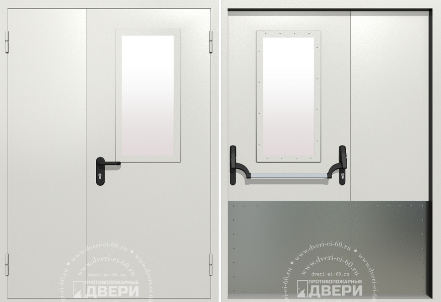 Полуторная остекленная противопожарная дверь с широким отбойником ПД-ПС030f