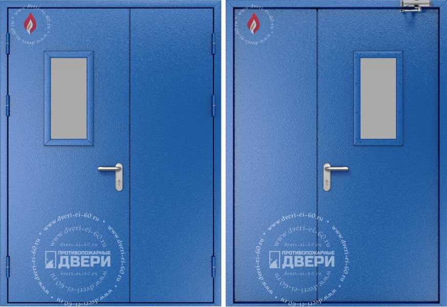 Двустворчатая остекленная противопожарная дверь (замковая система Nemef, доводчик) ПД-ПС001c